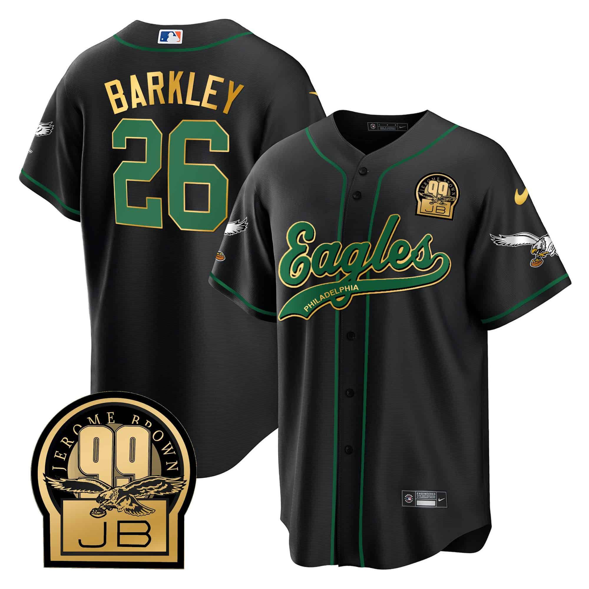 Men Philadelphia Eagles #26 Barkley Black 2024 Nike Jerome Brown Retired Patch Baseball NFL Jersey style 1